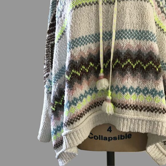Anthropologie Ivory Fair Isle Chunky Knit Hooded Poncho Sweater XS S - Picture 2 of 8
